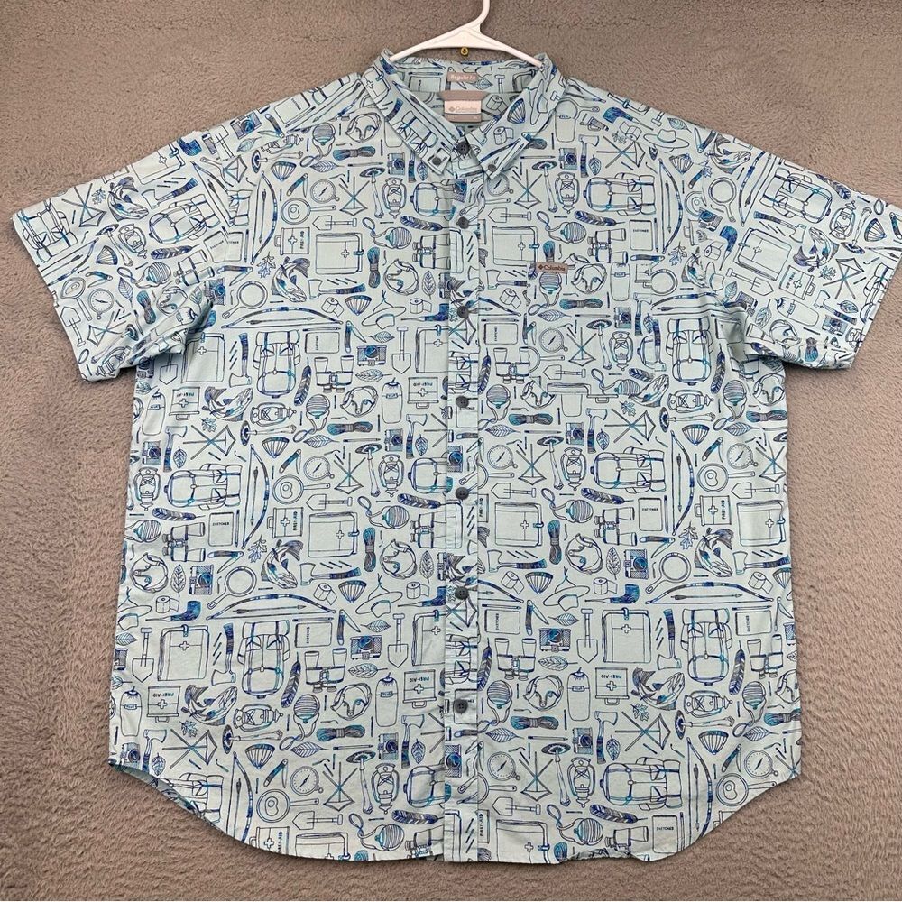 Columbia Button Up Shirt‎ Mens XL Blue Regular Fit Outdoor Gear Allover Print